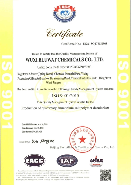 China Yixing bluwat chemicals co.,ltd Certificaten